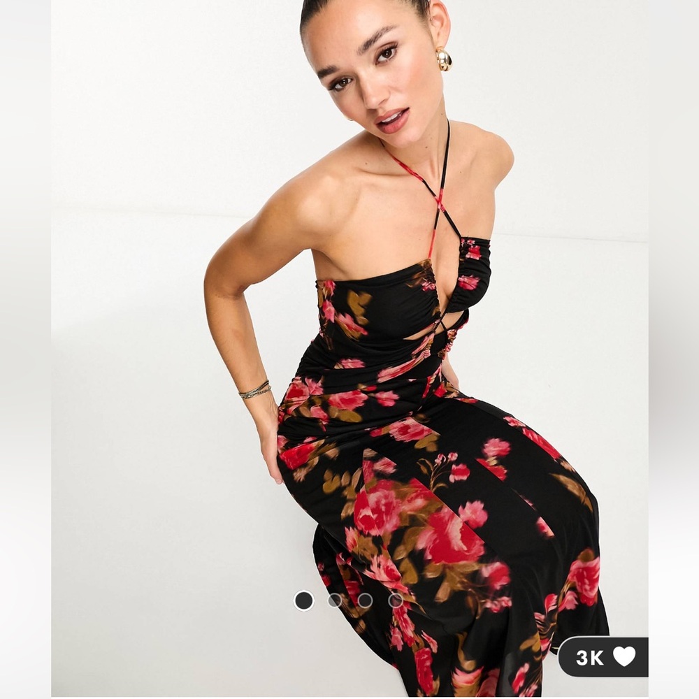 ASOS Black Midi Dress with Red Floral Print